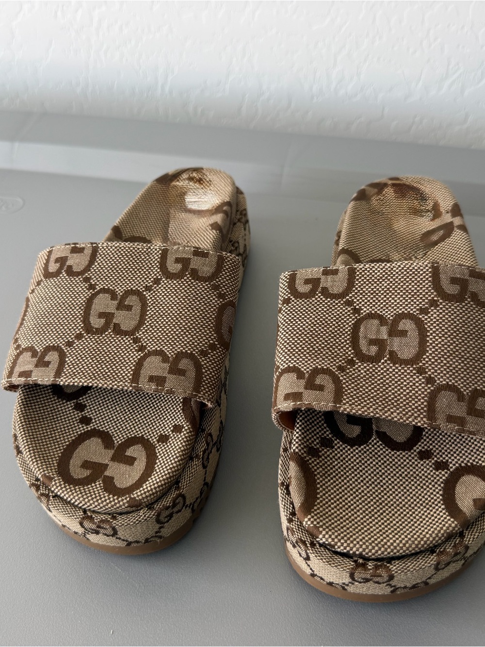 Gucci Beige Brown GG Canvas Platform Slide Sandals